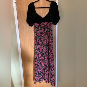 Rixo Dress with Velvet Sweetheart Neckline and Romantic Rose Skirt